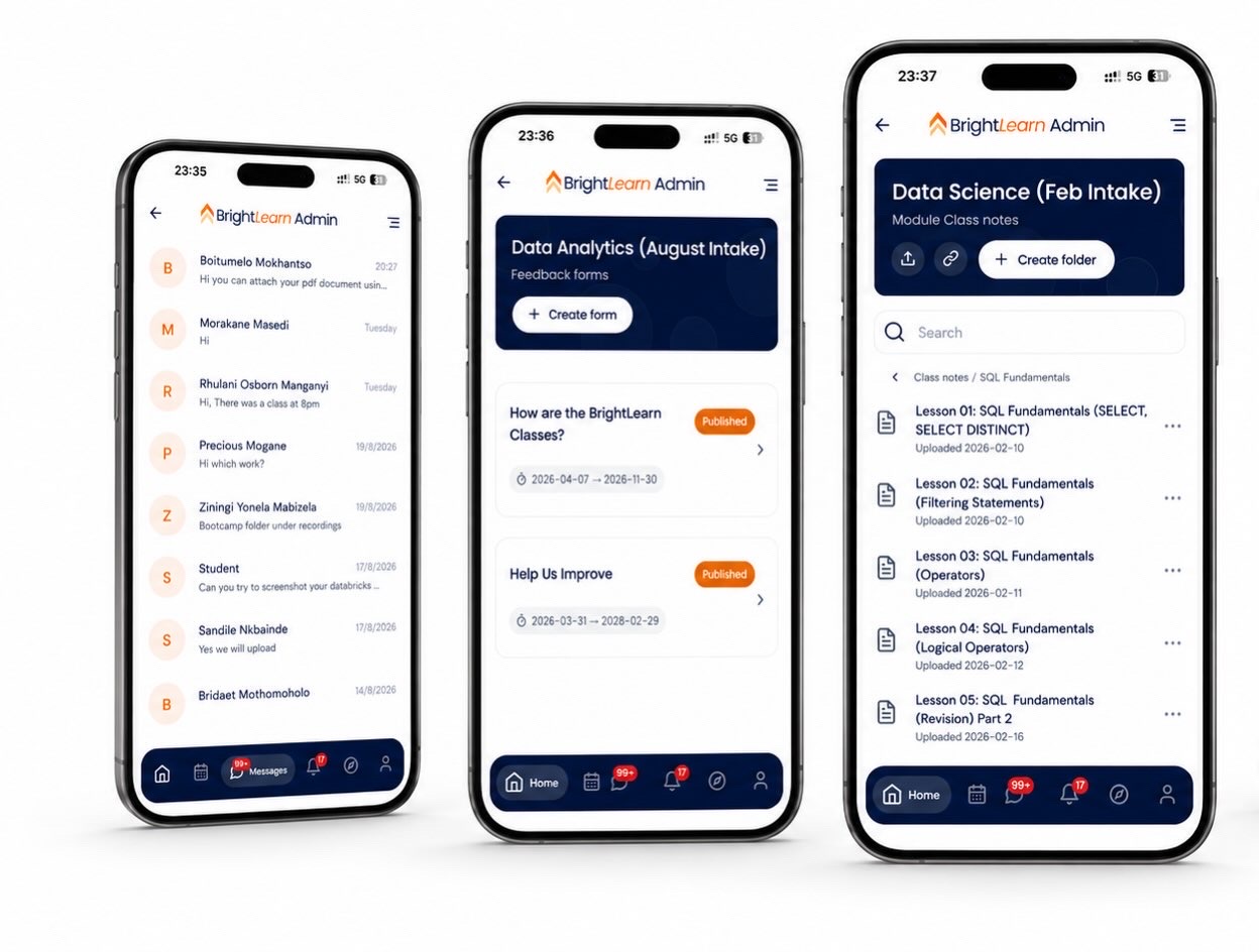 BrightLearn Admin app on three phones — learner messages, published feedback forms and module class notes with lesson recordings