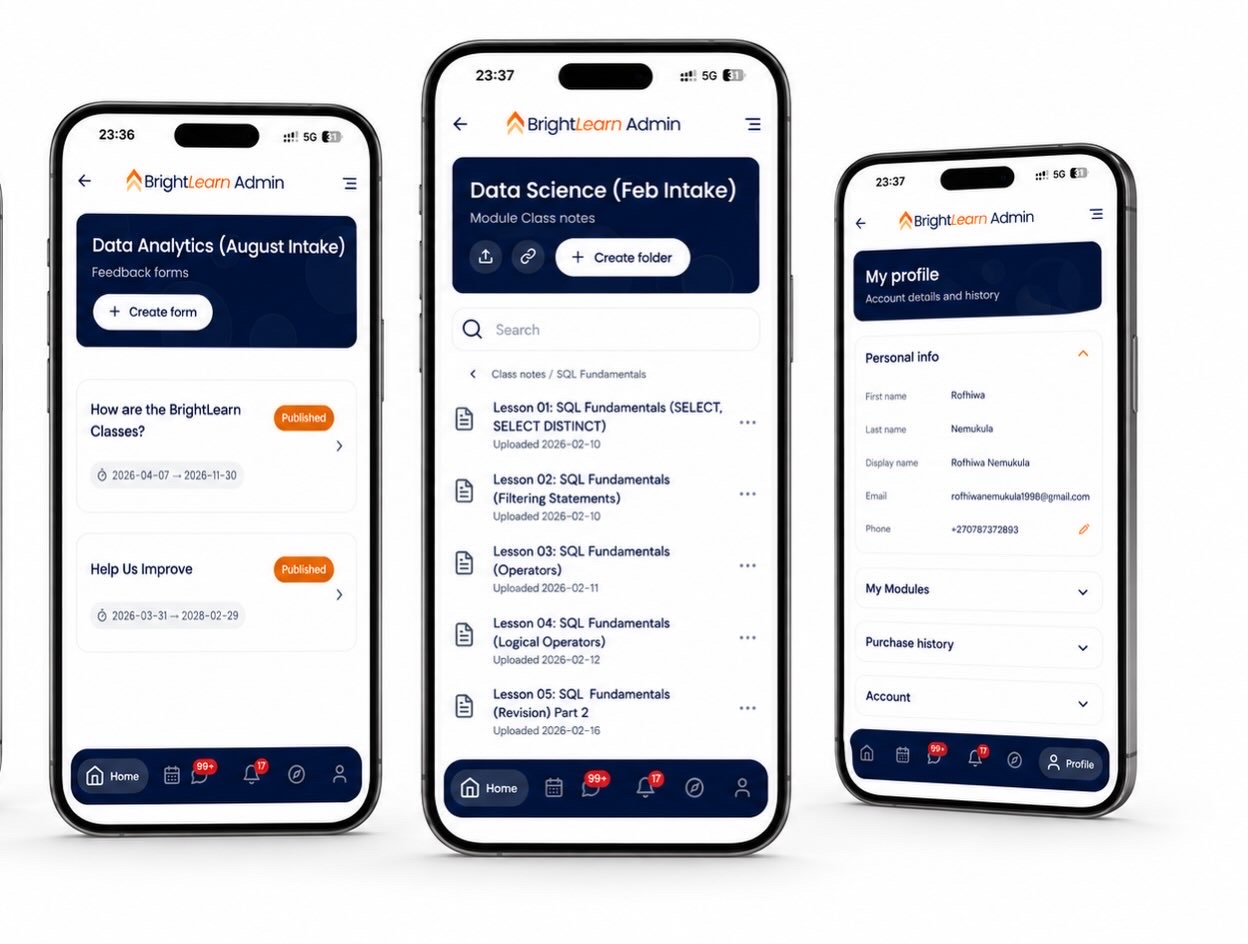 BrightLearn Admin app on three phones — feedback forms, class notes library and the my profile page with account details