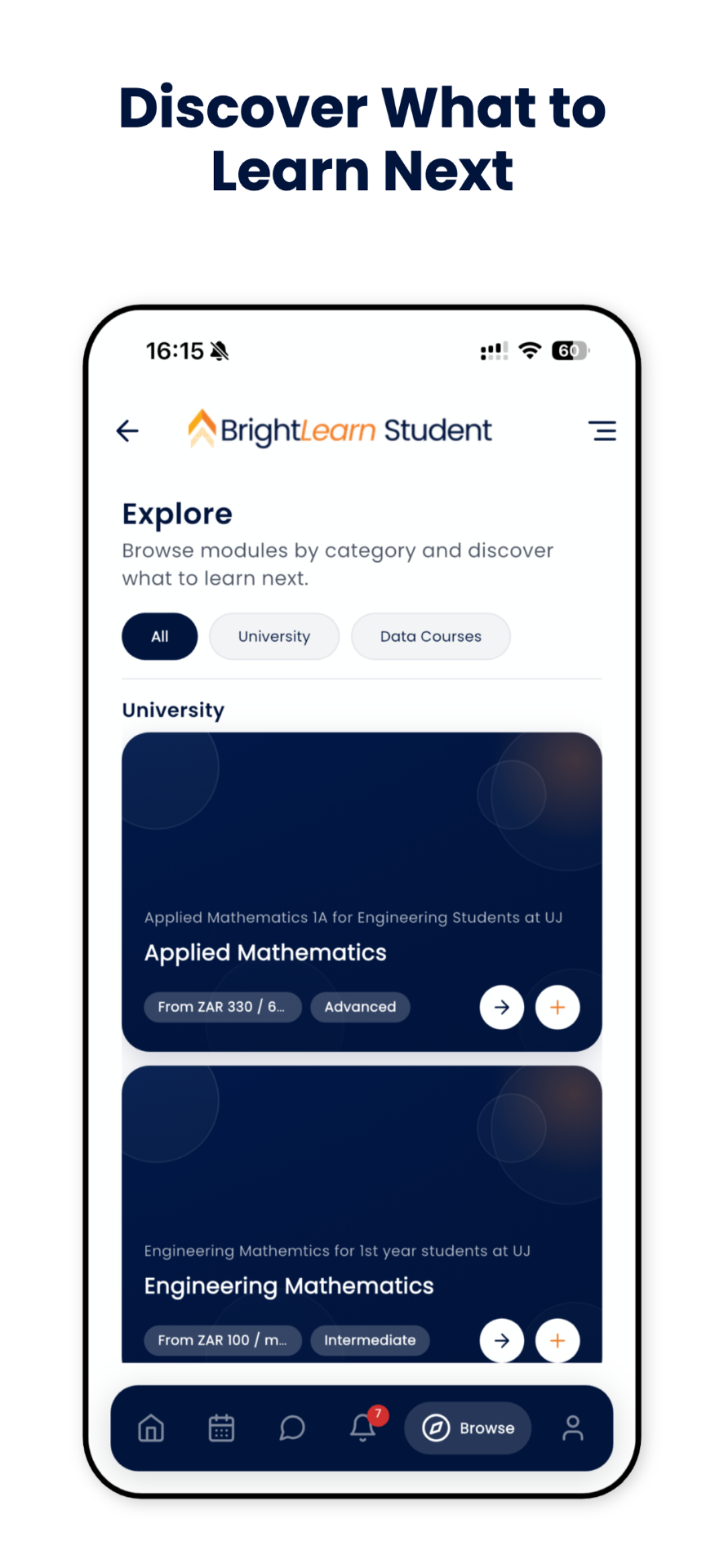 BrightLearn student app explore screen browsing modules by category