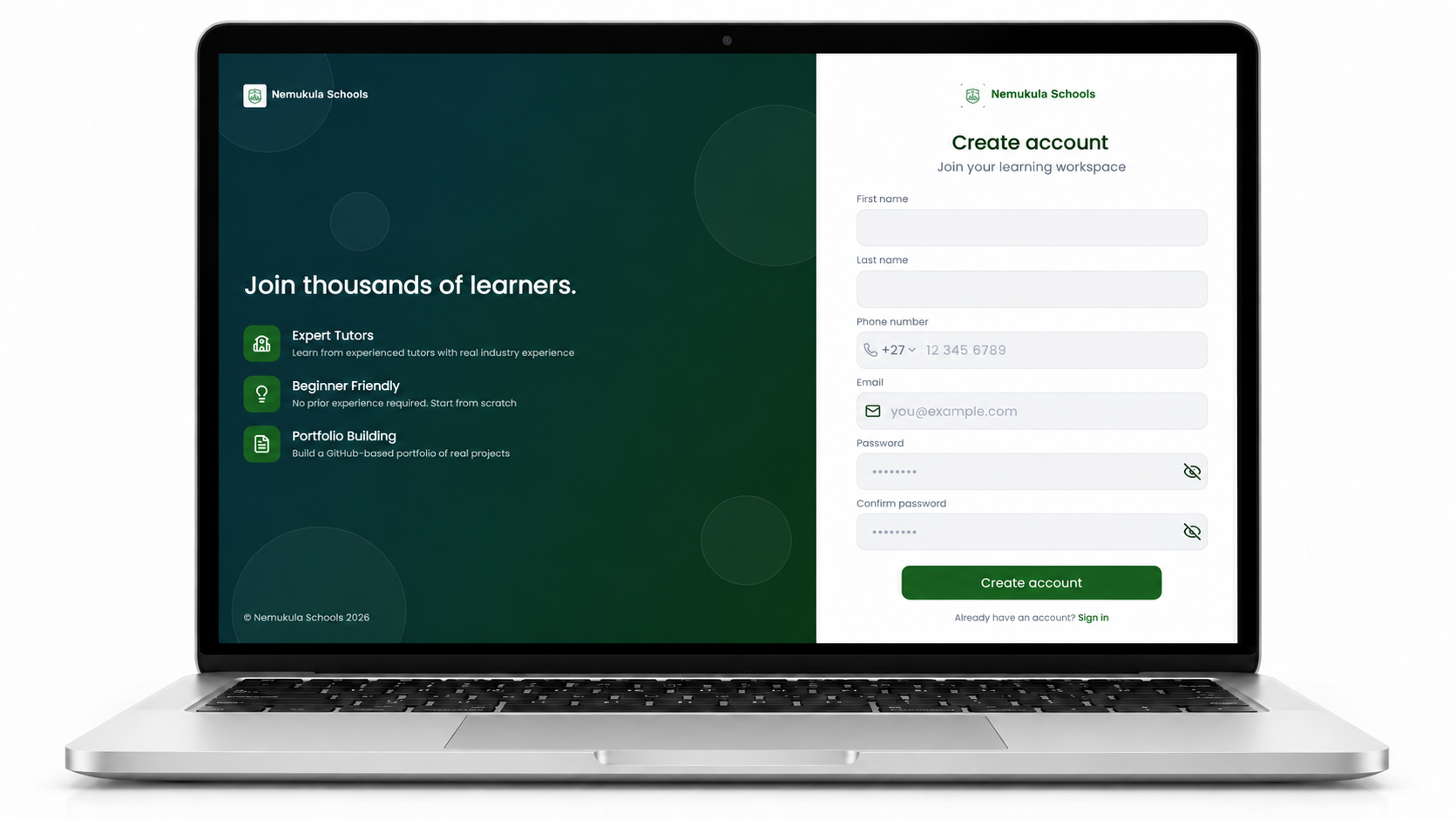 School-branded portal create-account page on a laptop — Nemukula Schools sign-up form with name, phone, email and password