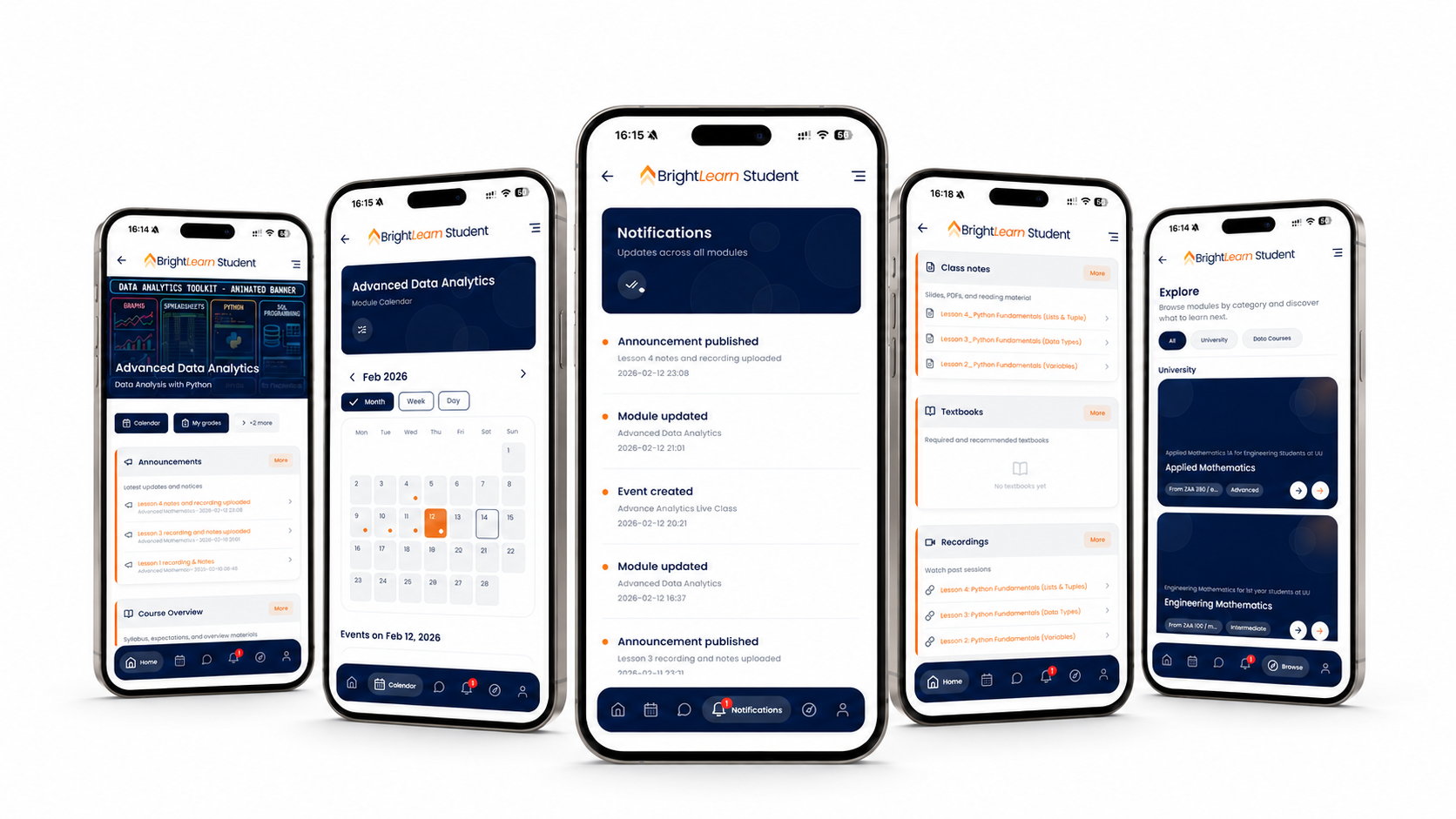 BrightLearn Student app screens — Dashboard, Calendar, Notifications, Course Materials and Explore