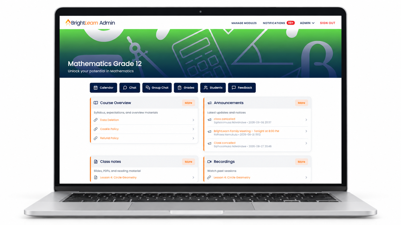 BrightLearn Admin Portal module detail page on a laptop — Mathematics Grade 12 with Calendar, Chat, Grades and Feedback