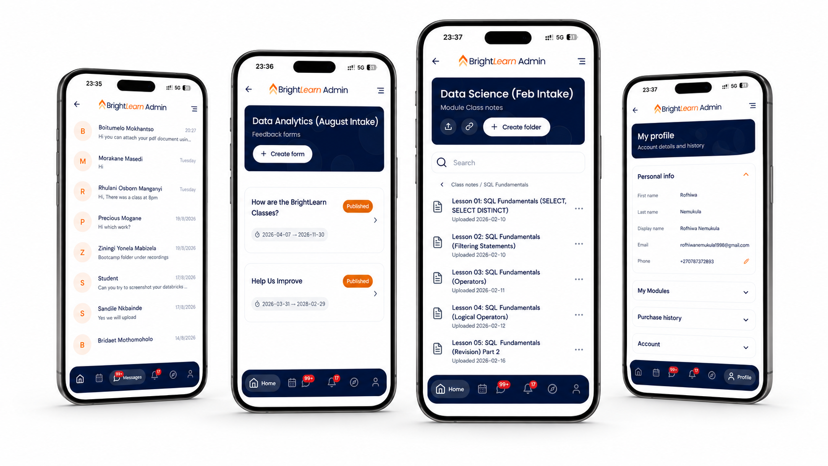 BrightLearn Admin app screens — Messages, Feedback Forms, Module Class Notes and Profile