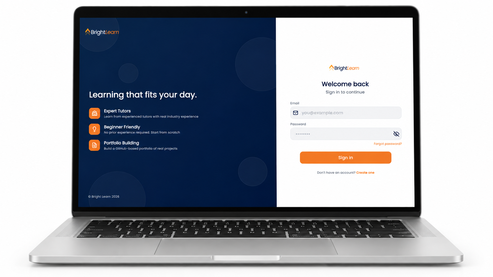 BrightLearn Portal sign-in page on a laptop — split-screen welcome and sign-in form
