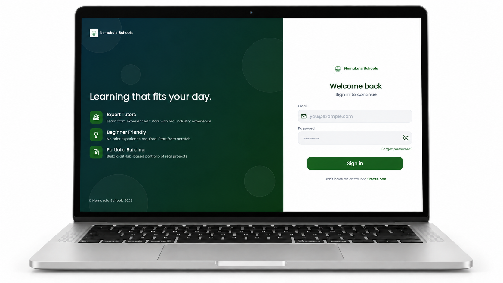 School-branded portal sign-in page on a laptop — Nemukula Schools welcome and sign-in form