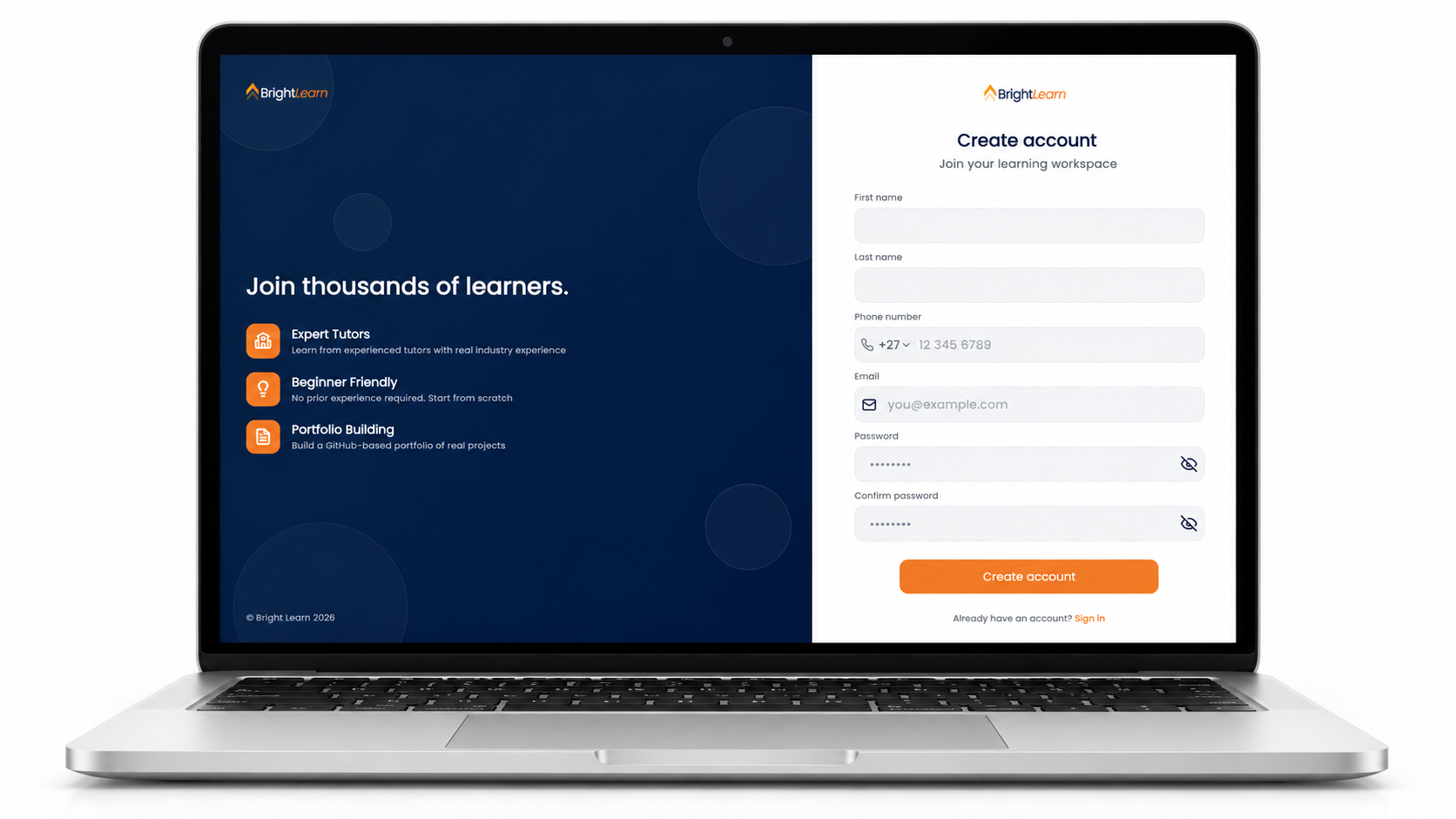 BrightLearn Portal create-account page on a laptop — sign-up form with name, phone, email and password
