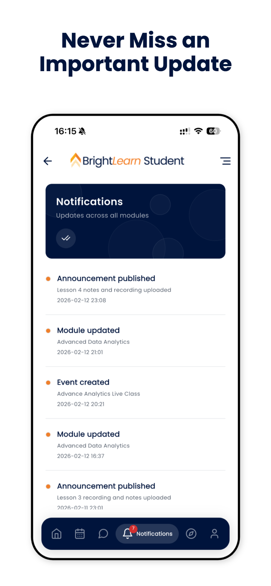 BrightLearn student app notifications feed listing announcements and module updates