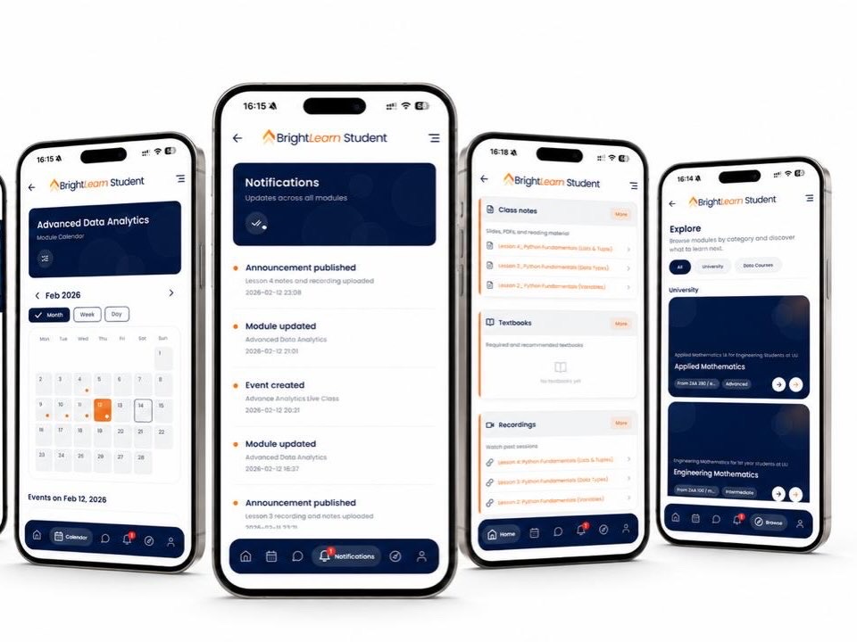BrightLearn Student app on four phones — calendar with class events, notifications feed, class notes and recordings, and Explore with university courses