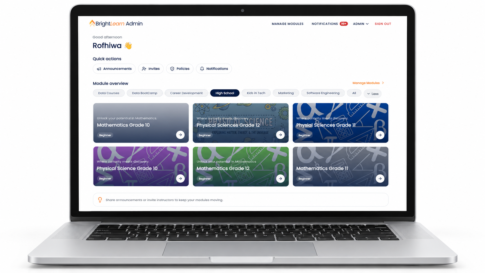 BrightLearn Admin Portal dashboard on a laptop — greeting, quick actions and module overview grid
