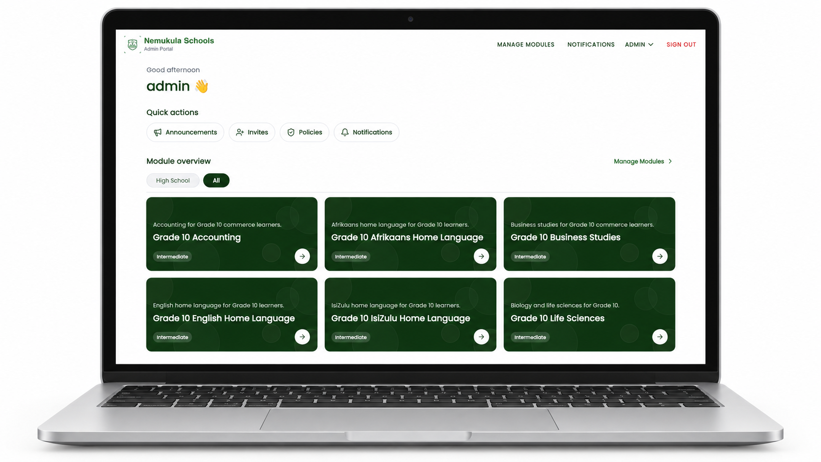 School-branded admin portal dashboard on a laptop — greeting, quick actions and Grade 10 module overview grid