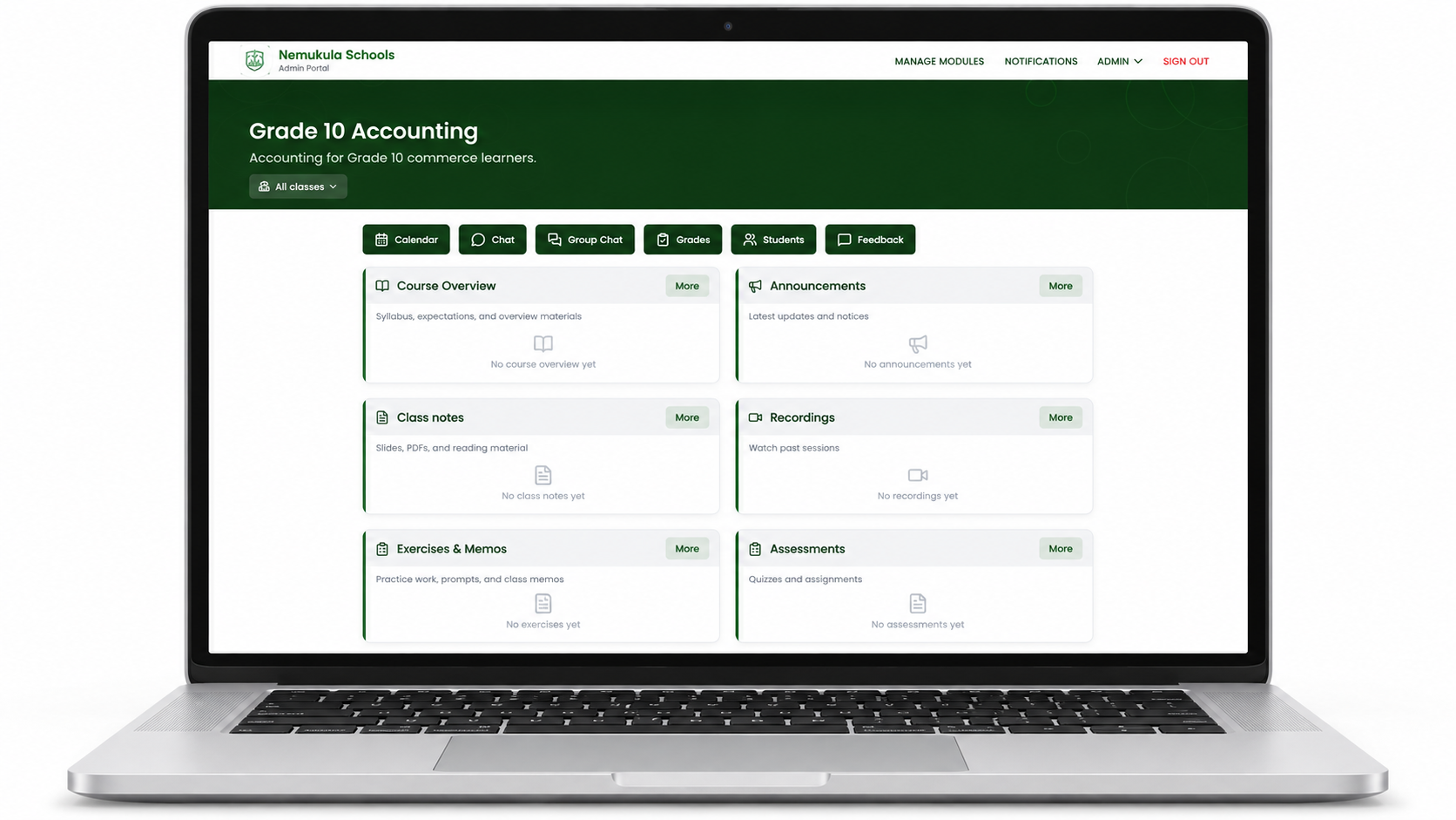 School-branded admin portal module page on a laptop — Grade 10 Accounting with class notes, recordings and assessments