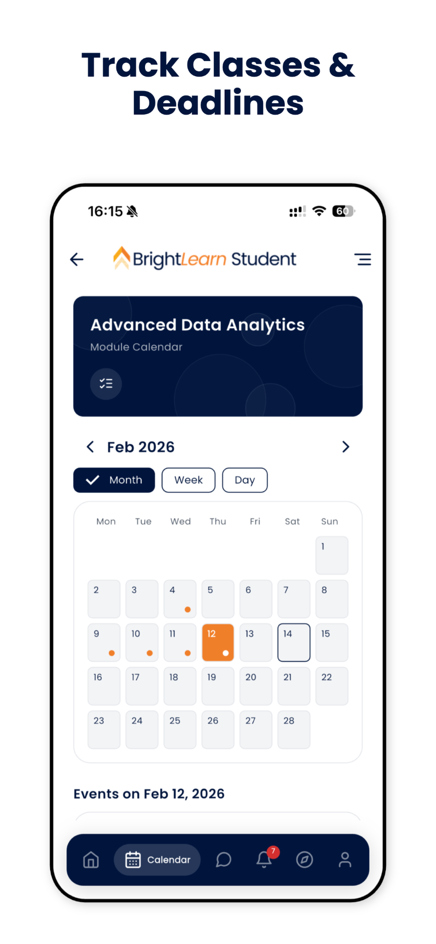 BrightLearn student app calendar screen showing a month view with marked class dates