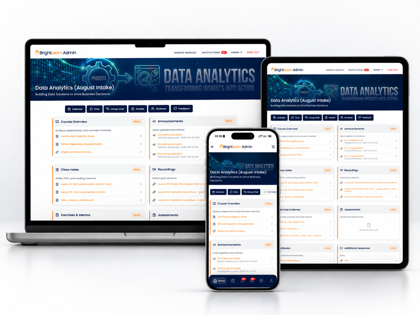 BrightLearn Portal on a laptop, tablet and phone together — Data Analytics module with course overview, announcements, class notes, recordings and assessments